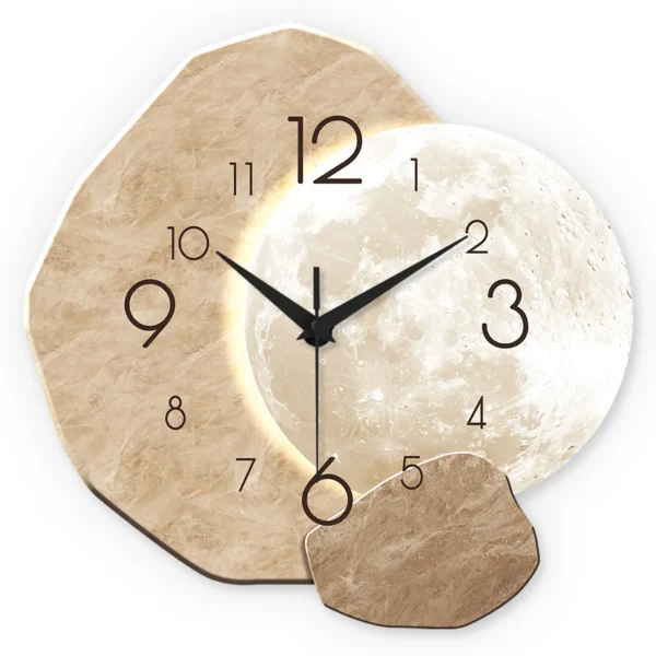 Modern Simple Silent Wall Clock, Moon Design - Quartz Movement, Wooden Material, for Bedroom, Living Room or Office Decoration