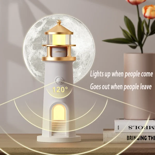 Moon Projection Lighthouse Lamp with Bluetooth Speaker – Remote Control Motion Sensor Night Light | Romantic Ambient Decor