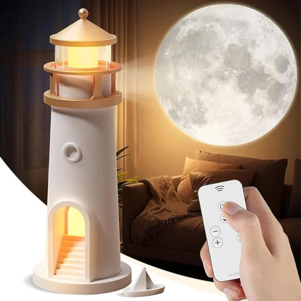 Moon Projection Lighthouse Lamp with Bluetooth Speaker – Remote Control Motion Sensor Night Light | Romantic Ambient Decor