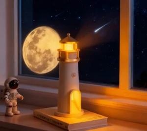 Moon Projection Lighthouse Lamp with Bluetooth Speaker – Remote Control Motion Sensor Night Light | Romantic Ambient Decor